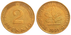 2 пфеннига 1991 "D" ФРГ